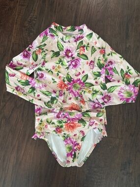 Janie and Jack Floral Ruffle One-Piece Swimsuit in Pink, Orange & Green